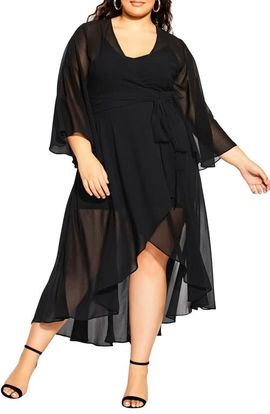 City Chic City Chic Long Sleeve Sheer Chiffon Maxi Wrap Dress