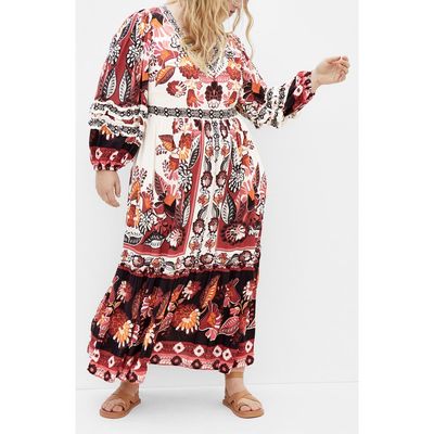 City Chic City Chic Malia Mixed Print Long Sleeve Maxi Dress