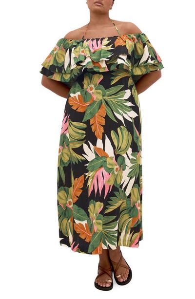 City Chic City Chic Paradiso Print Tie Neck Maxi Dress 
