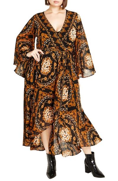 City Chic City Chic Paris Print Long Sleeve Faux Wrap Maxi Dress 
