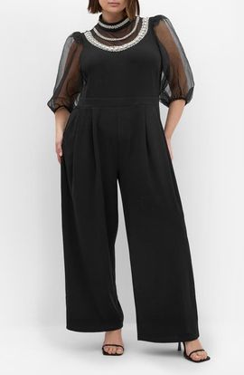 City Chic City Chic Phoenix Embellished Sheer Panel Jumpsuit