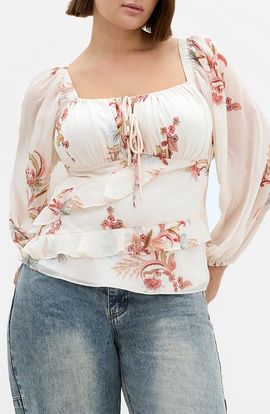 City Chic City Chic Shayla Floral Print Balloon Sleeve Top
