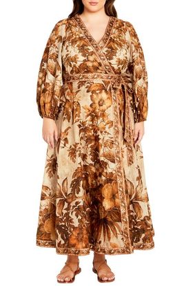 City Chic City Chic The Maddie Print Long Sleeve Wrap Maxi Dress