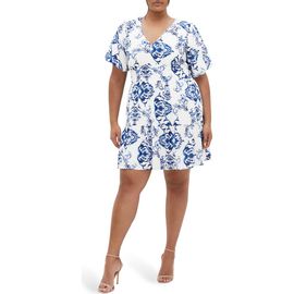 City Chic City Chic Winslow Print Ruffle Hem Puff Sleeve Dress