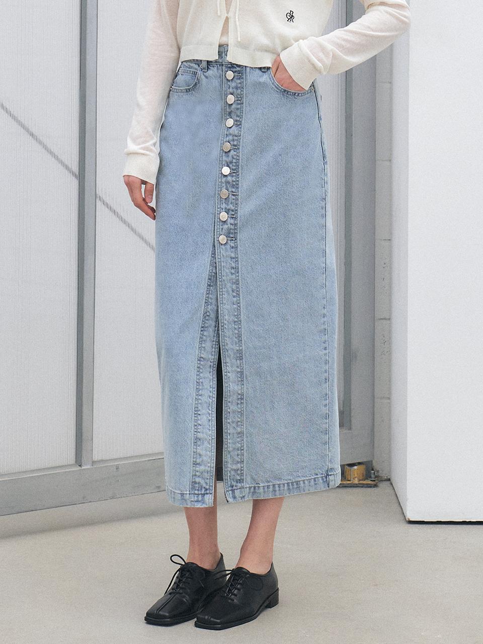 CITYBREEZE Button-Up Denim Long Skirt_Light Indigo