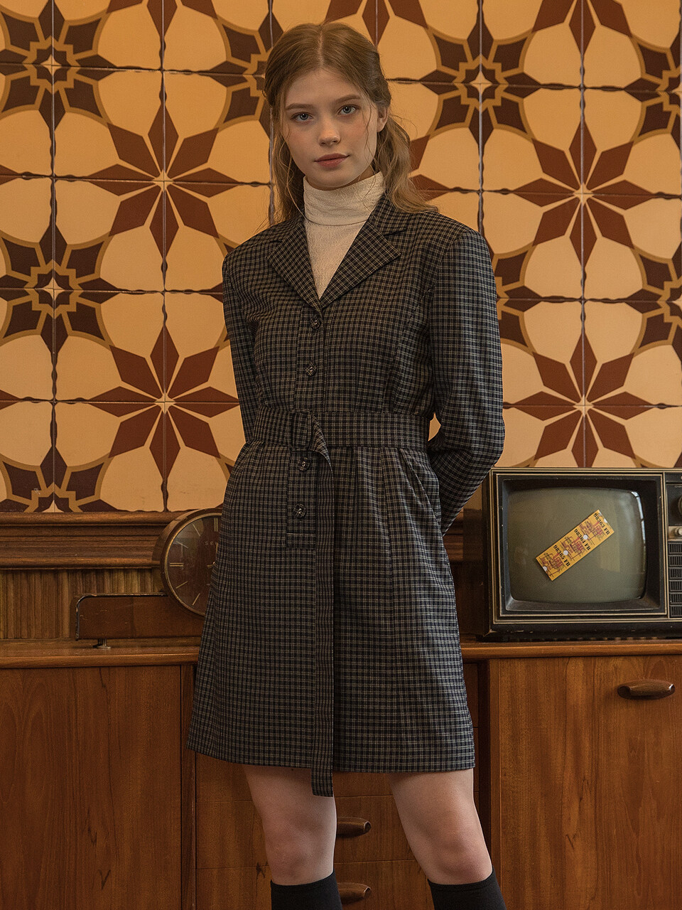clet Check Collar Belt Dress_Navy