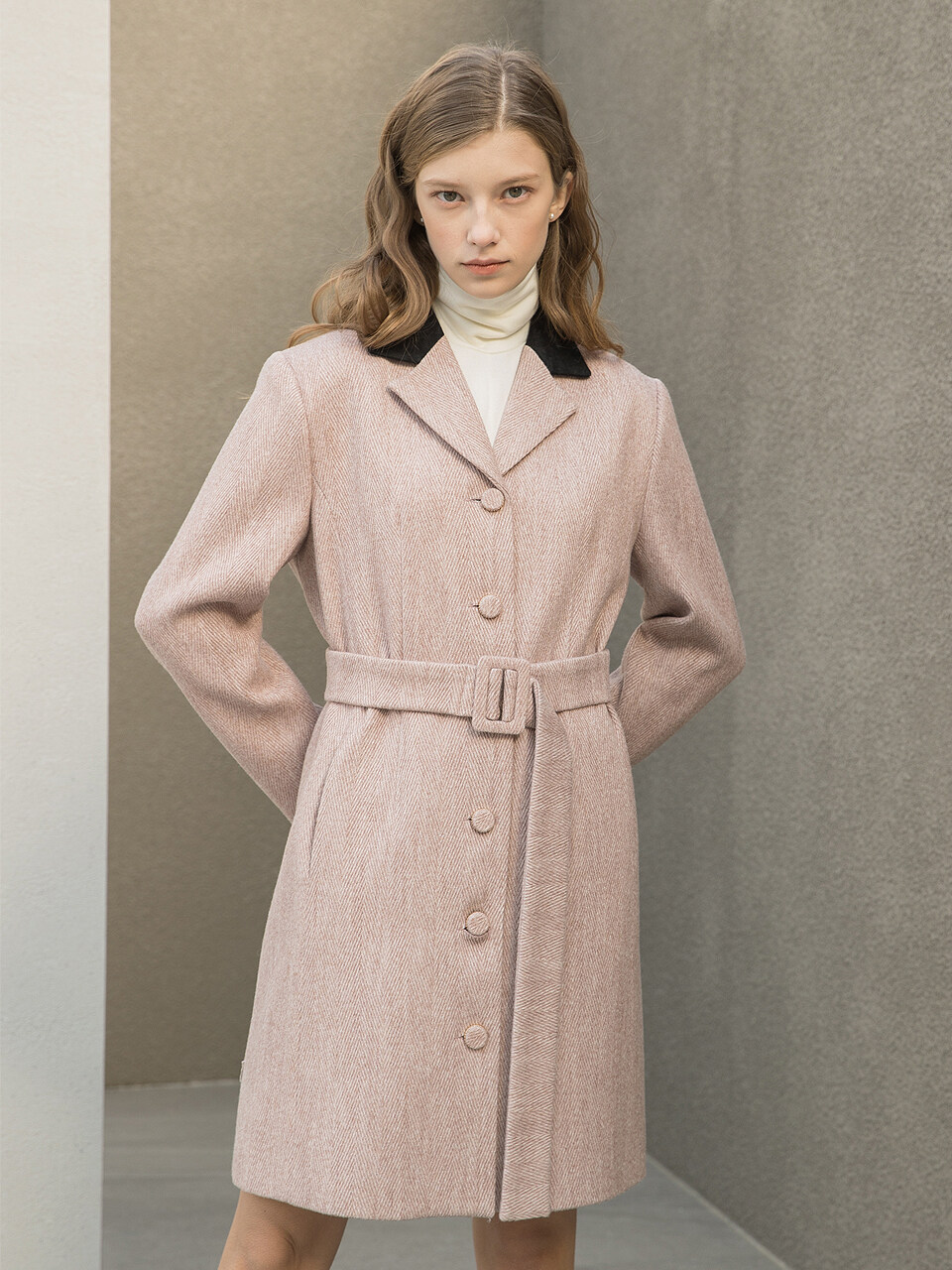 clet Herringbone Single Jacket Belt Dress_Pink