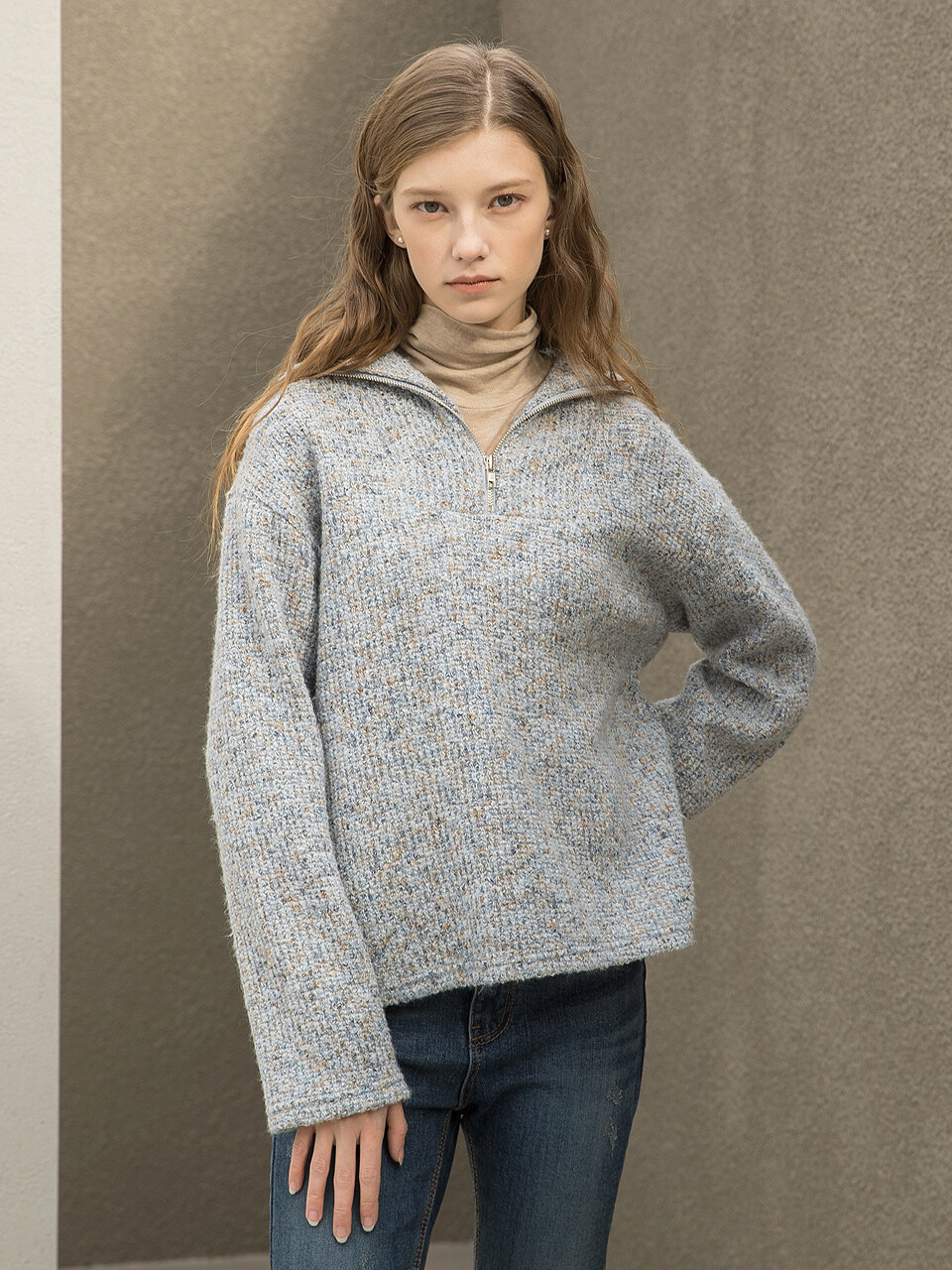 clet Loose Fit Zip Up Wool Knit_Sky