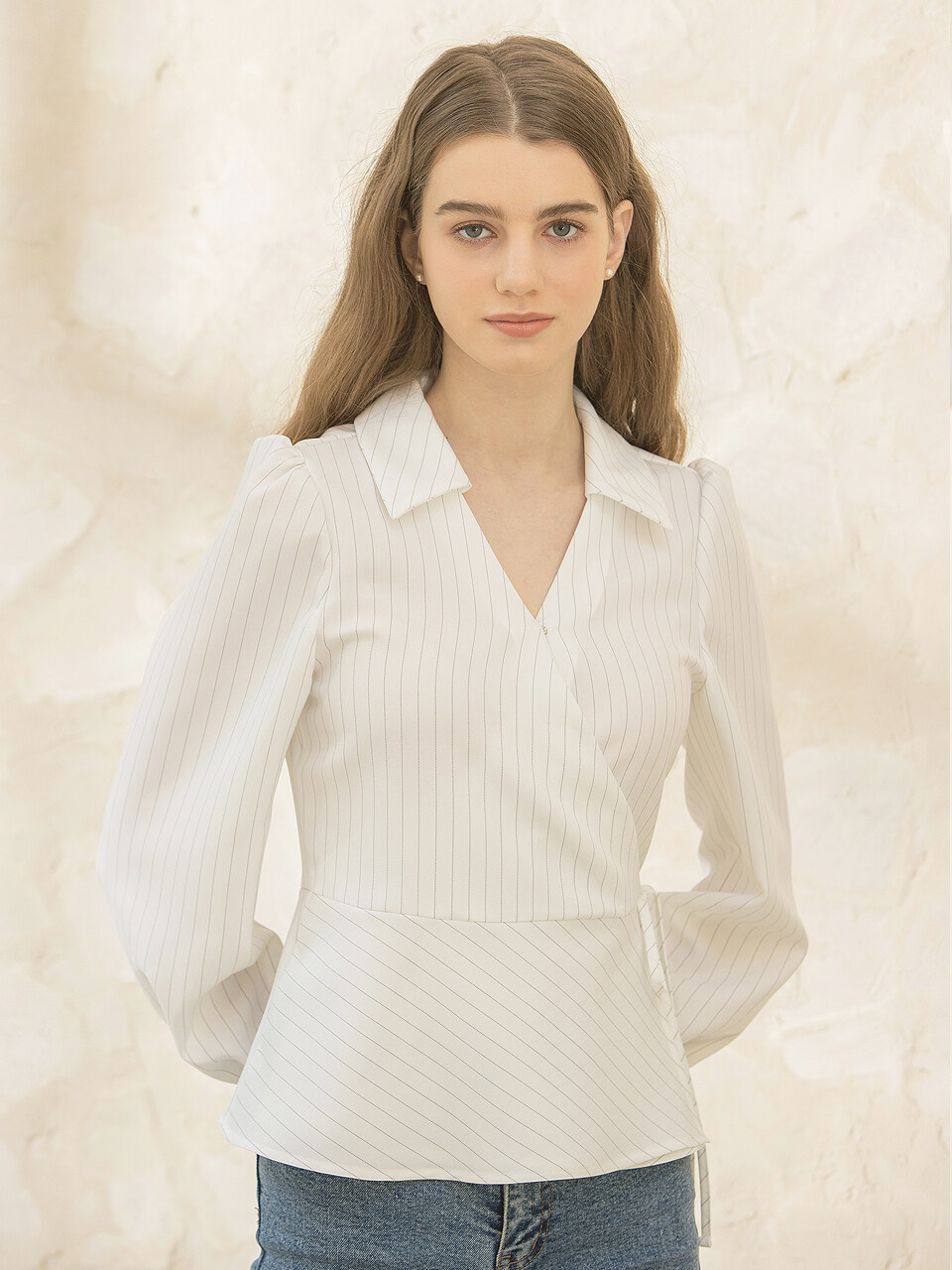 clet Wrap Collar Stripe Blouse_White