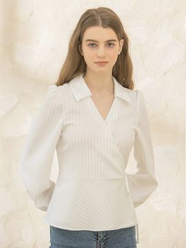 clet Wrap Collar Stripe Blouse_White
