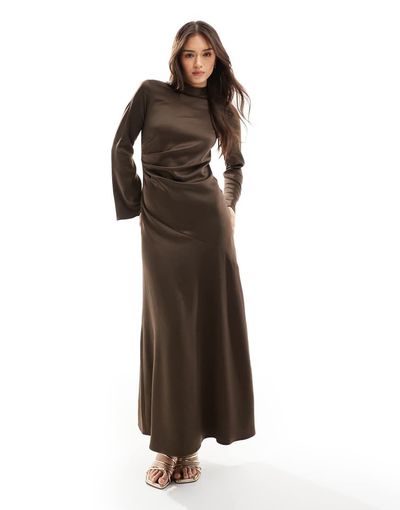 Closet London Closet London long sleeve satin drape maxi dress in chocolate-Red