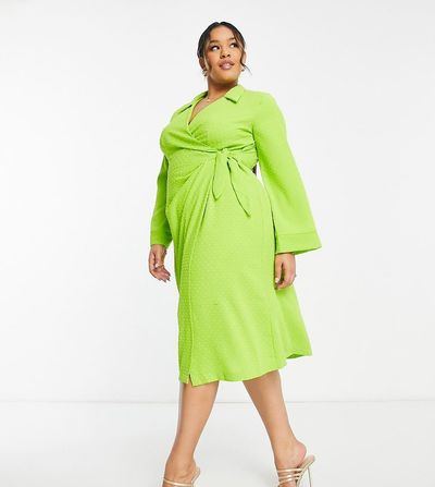 Closet London Plus Closet London Plus wrap shirt midi dress in lime-Green