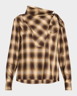 Co Plaid Mock-Neck Long-Sleeve Blouse