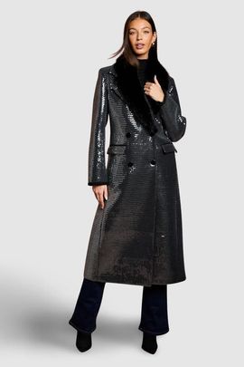 Coast Coast Faux Fur Collar Sequin Longline Coat
