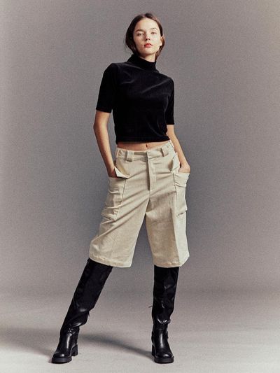 Cocancl Cotton Spandex Relaxed Fit Bermuda Pants [Ivory]