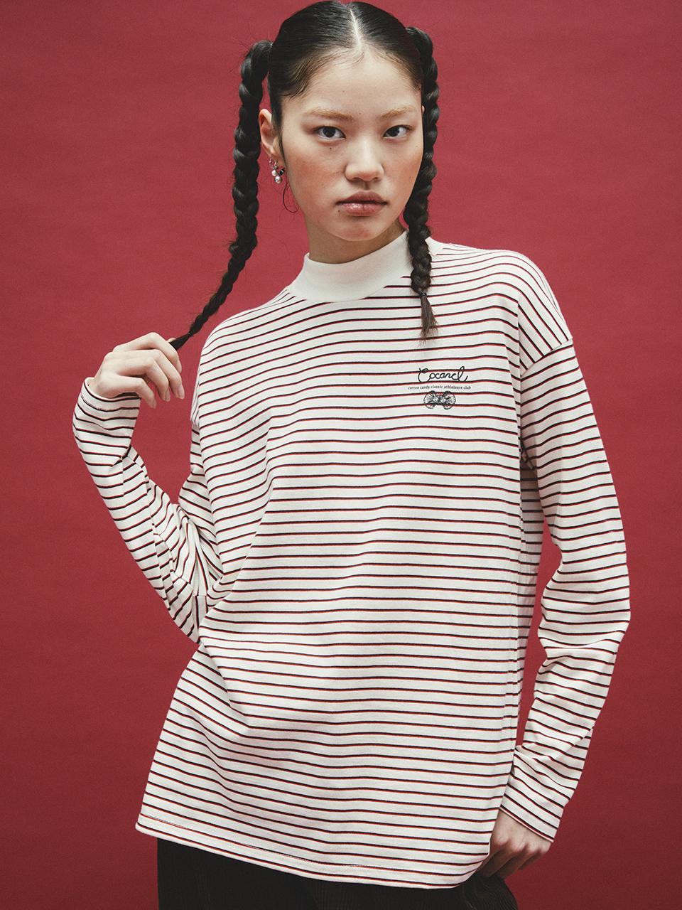 Cocancl Cotton Stripe Long Sleeve Top [Beige]