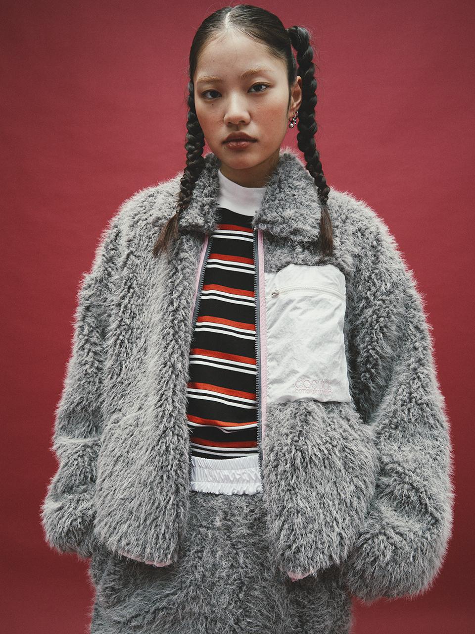 Cocancl Fluffy Short-pile Fleece Zip Up Jacket [Grey]