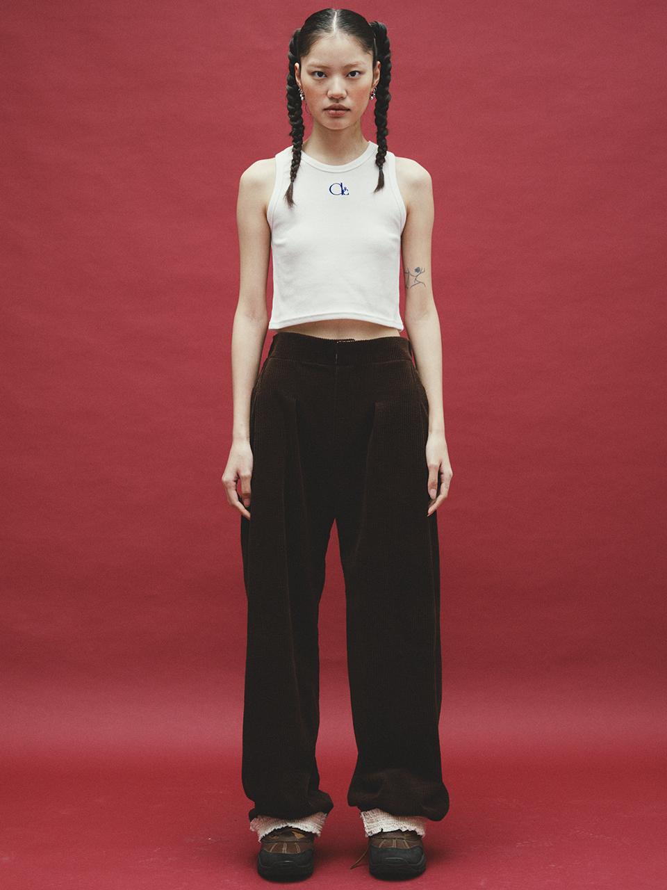 Cocancl Frilly Corduroy Elastic Waist Pants [Brown]