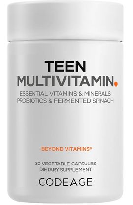 Codeage Codeage Teen Multivitamin, Vitamins A, C, D3, B6, B12, Iron, Zinc, Probiotics, Spinach Leaf