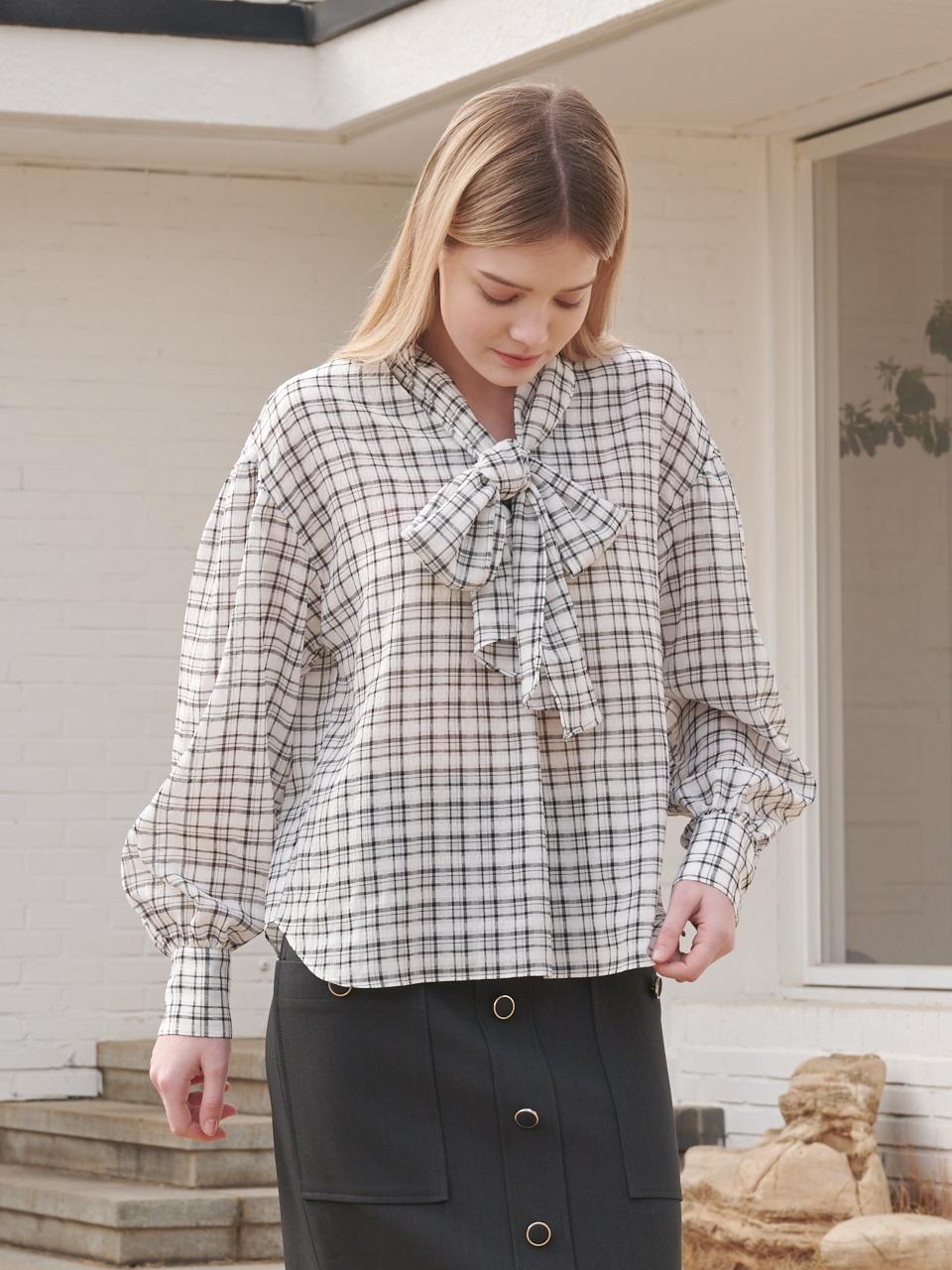 Coett Check Ribbon Blouse White