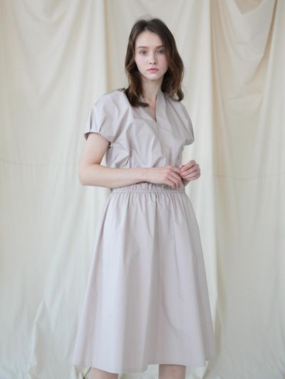 Coett Cotton Blend Puff Sleeve Elastic Waist Dress [Beige]
