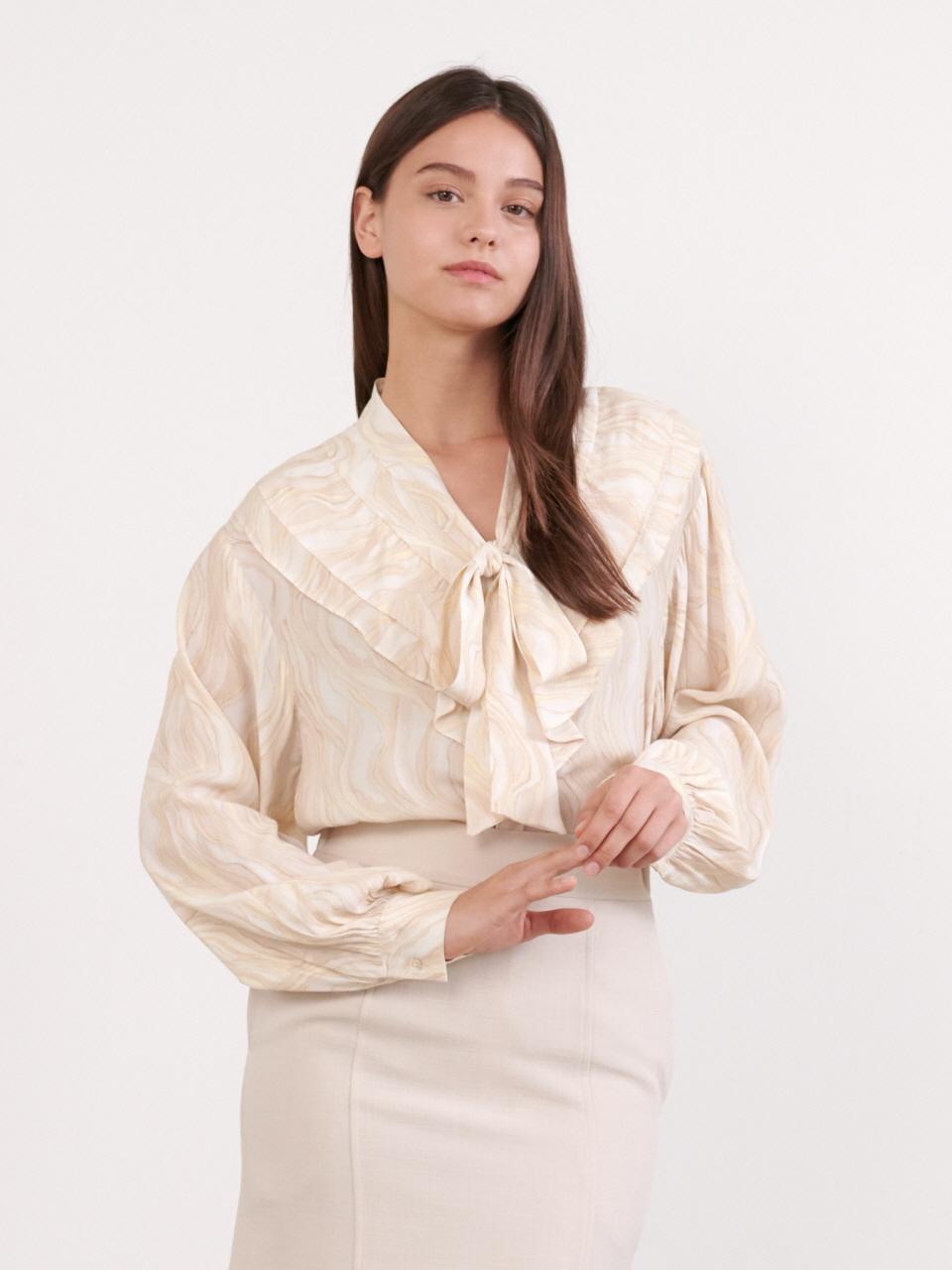 Coett Marble Shirring Tie Blouse_Cream