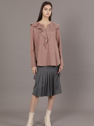 Coett Ruffle Pearl Button Blouse_BROWN Ruffle Pearl Burt