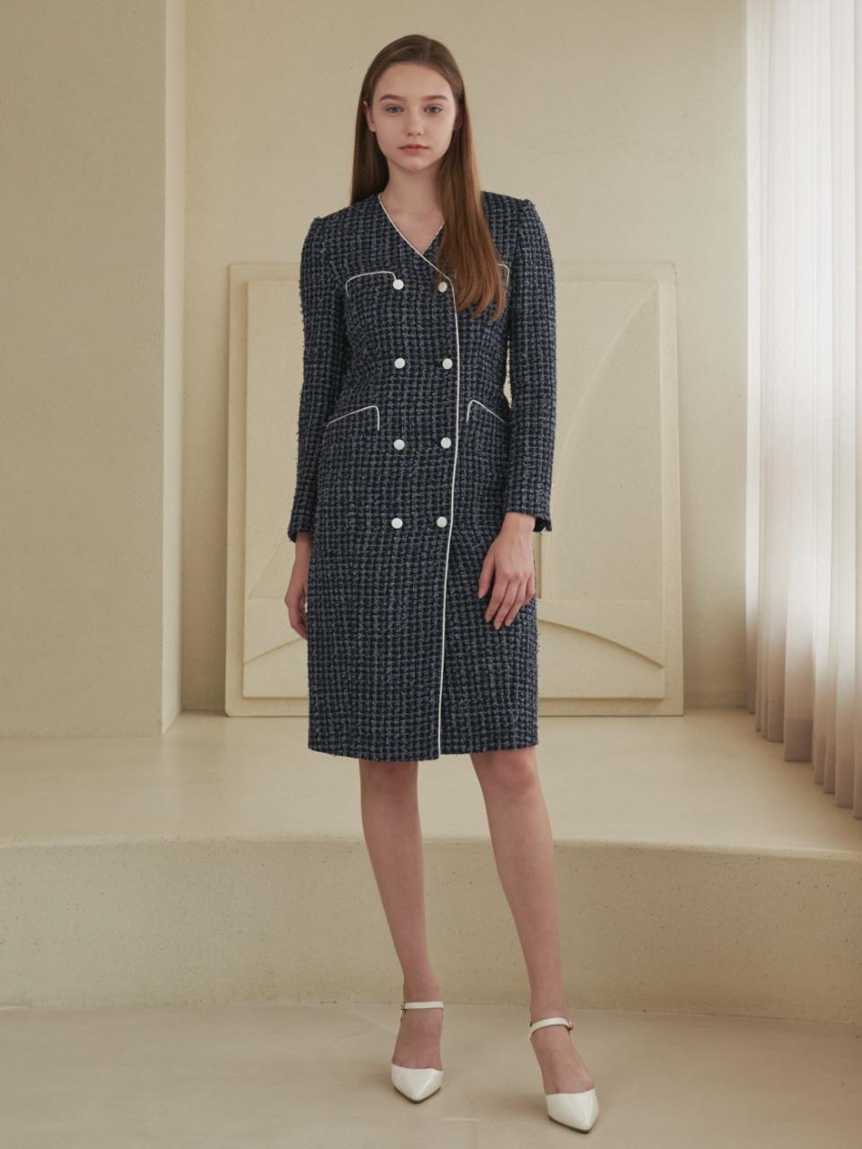 Coett White Double Button Tweed dress