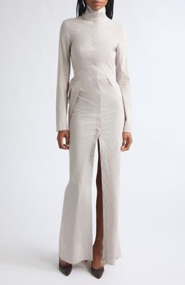 Colleen Allen Colleen Allen Tailored Bustle Striped Cotton & Silk Maxi Dress