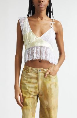 Collina Strada Collina Strada Dahlia Asymmetric Lace & Satin Crop Tank