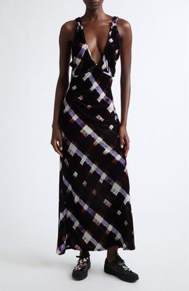 Collina Strada Collina Strada Jacqueline Painted Plaid Plunge Neck Velvet Slipdress