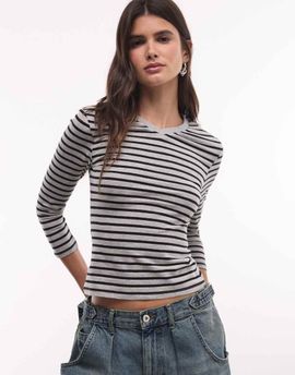 Collusion COLLUSION 3/4 length sleeve v-neck fitted top in stripes-Navy