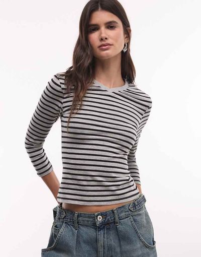 Collusion COLLUSION 3/4 length sleeve v-neck fitted top in stripes-Navy
