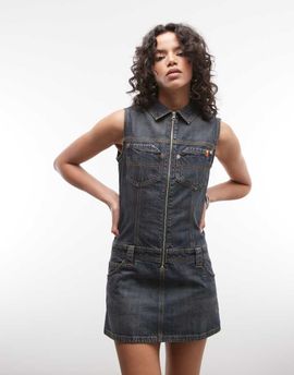 Collusion COLLUSION 90s dropped waist denim utility dress in dark wash-Navy