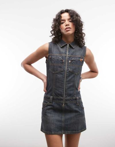 Collusion COLLUSION 90s dropped waist denim utility dress in dark wash-Navy