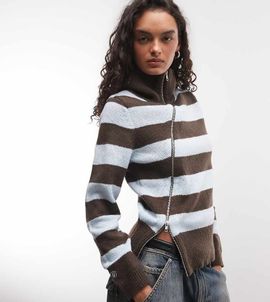 Collusion COLLUSION asymmetric zip-front knitted sweater in blue & brown stripe