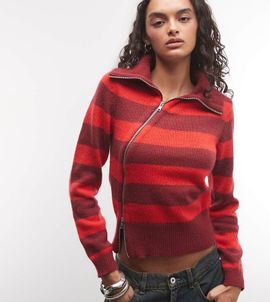 Collusion COLLUSION asymmetric zip-front knitted sweater in red stripe
