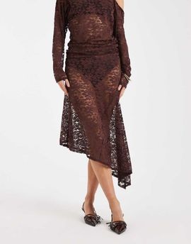 Collusion COLLUSION awkward length lace skirt in chocolate brown