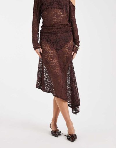 Collusion COLLUSION awkward length lace skirt in chocolate brown