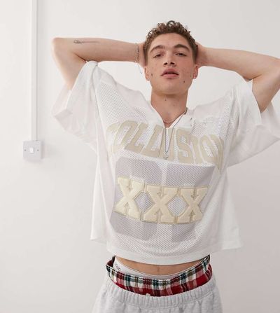 Collusion COLLUSION Boxy fit soccer sports jersey in ecru with print & applique-White