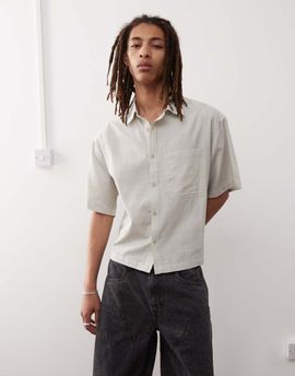 Collusion COLLUSION boxy linen mix short sleeve shirt in oatmeal-Neutral