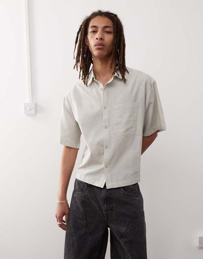 Collusion COLLUSION boxy linen mix short sleeve shirt in oatmeal-Neutral
