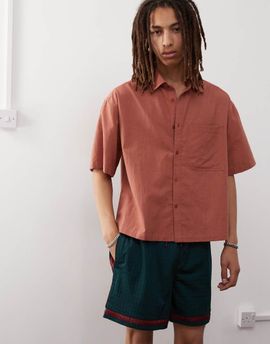 Collusion COLLUSION boxy linen mix short sleeve shirt in rust-Brown
