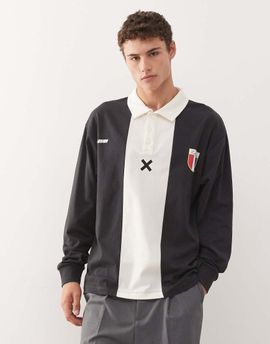 Collusion COLLUSION boxy rugby polo top in blocked stripe-Black