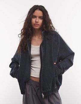 Collusion COLLUSION boxy track denim jacket with sporty trim in dark grunge wash set-Navy