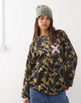 Collusion COLLUSION camo printed airtex long sleeve top-Black