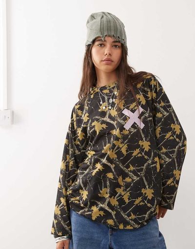 Collusion COLLUSION camo printed airtex long sleeve top-Black