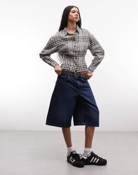 Collusion COLLUSION cinched waist long sleeve shirt in beige and black check
