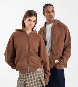 Collusion COLLUSION Circular Design Collection Unisex heavyweight boxy zip up hoodie in washed brown