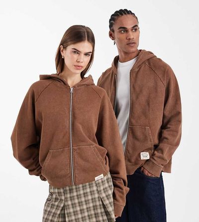 Collusion COLLUSION Circular Design Collection Unisex heavyweight boxy zip up hoodie in washed brown